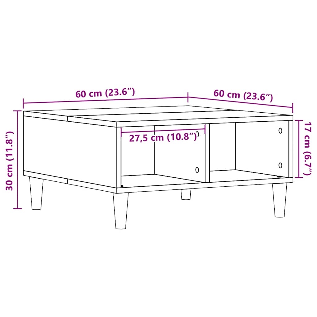 Salongbord gammelt tre 60x60x30 cm konstruert tre