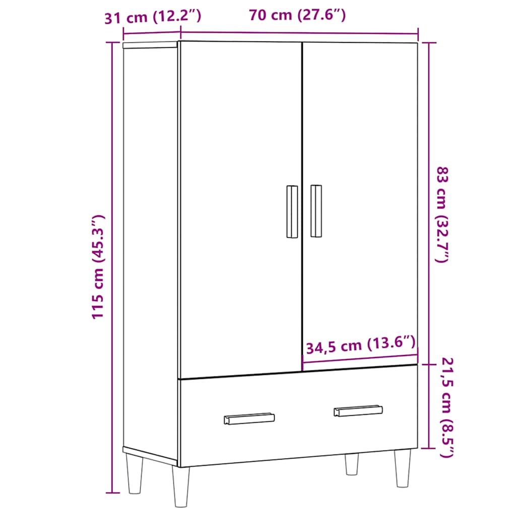 Highboard gammelt tre 70x31x115 cm konstruert tre