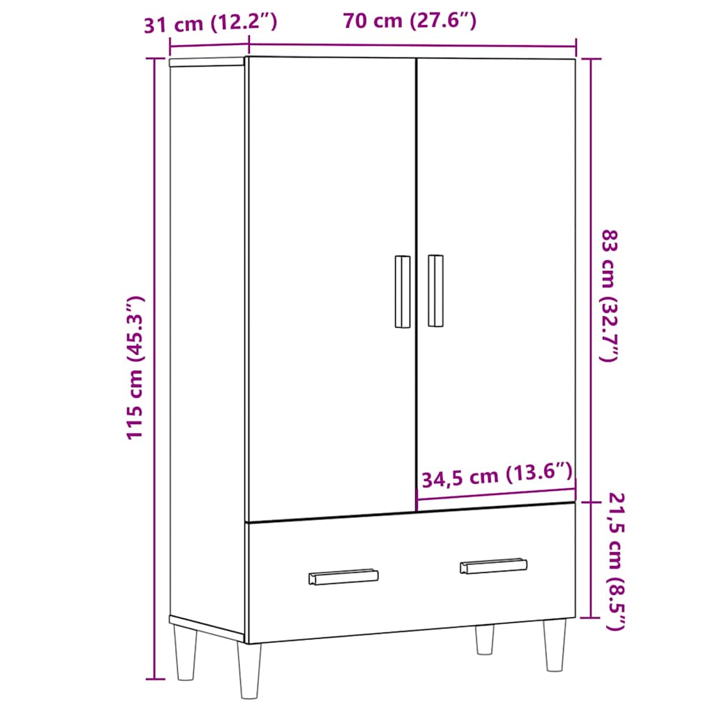 Highboard artisan eik 70x31x115 cm konstruert tre
