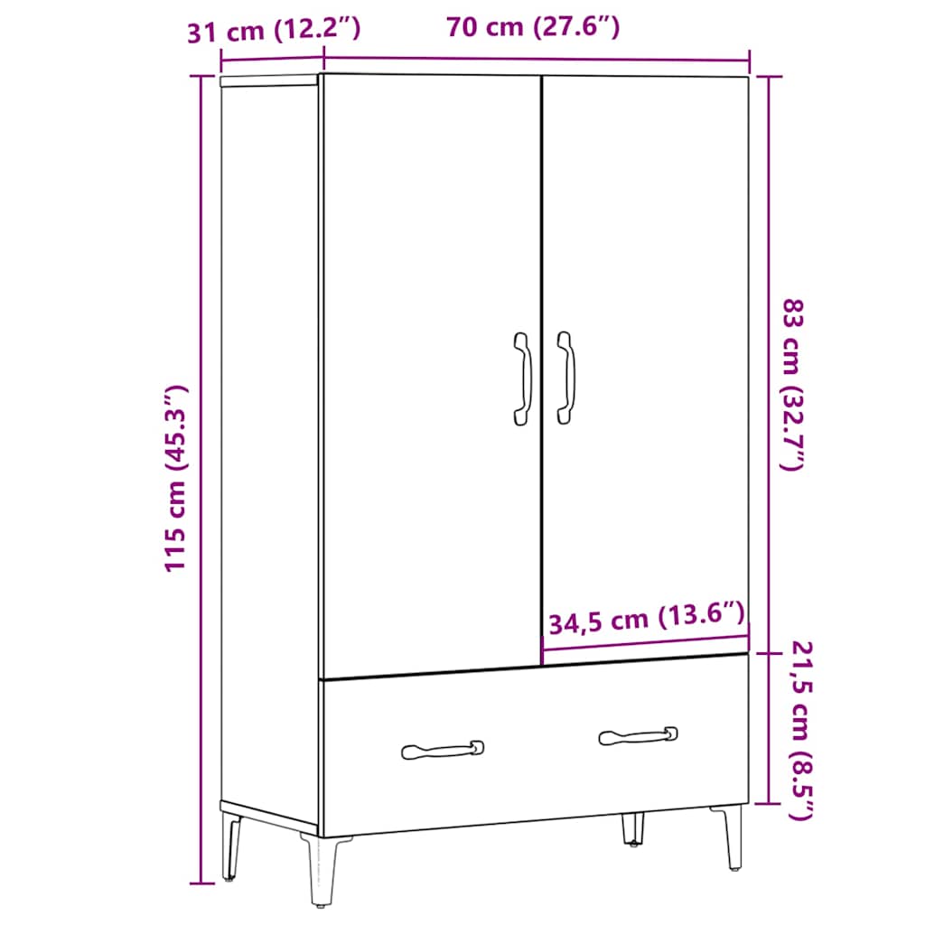 Highboard artisan eik 70x31x115 cm konstruert tre