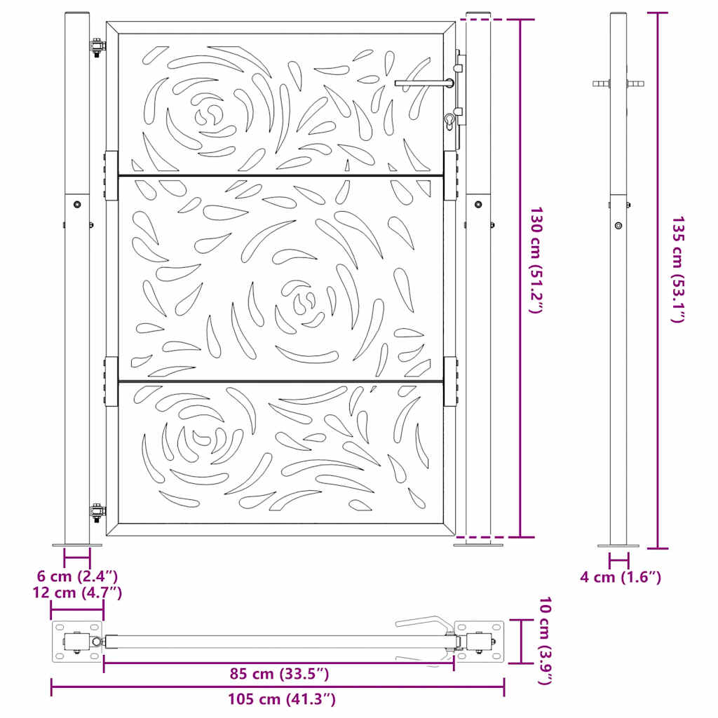 Hageport 100x125 cm værbestandig stål flammedesign