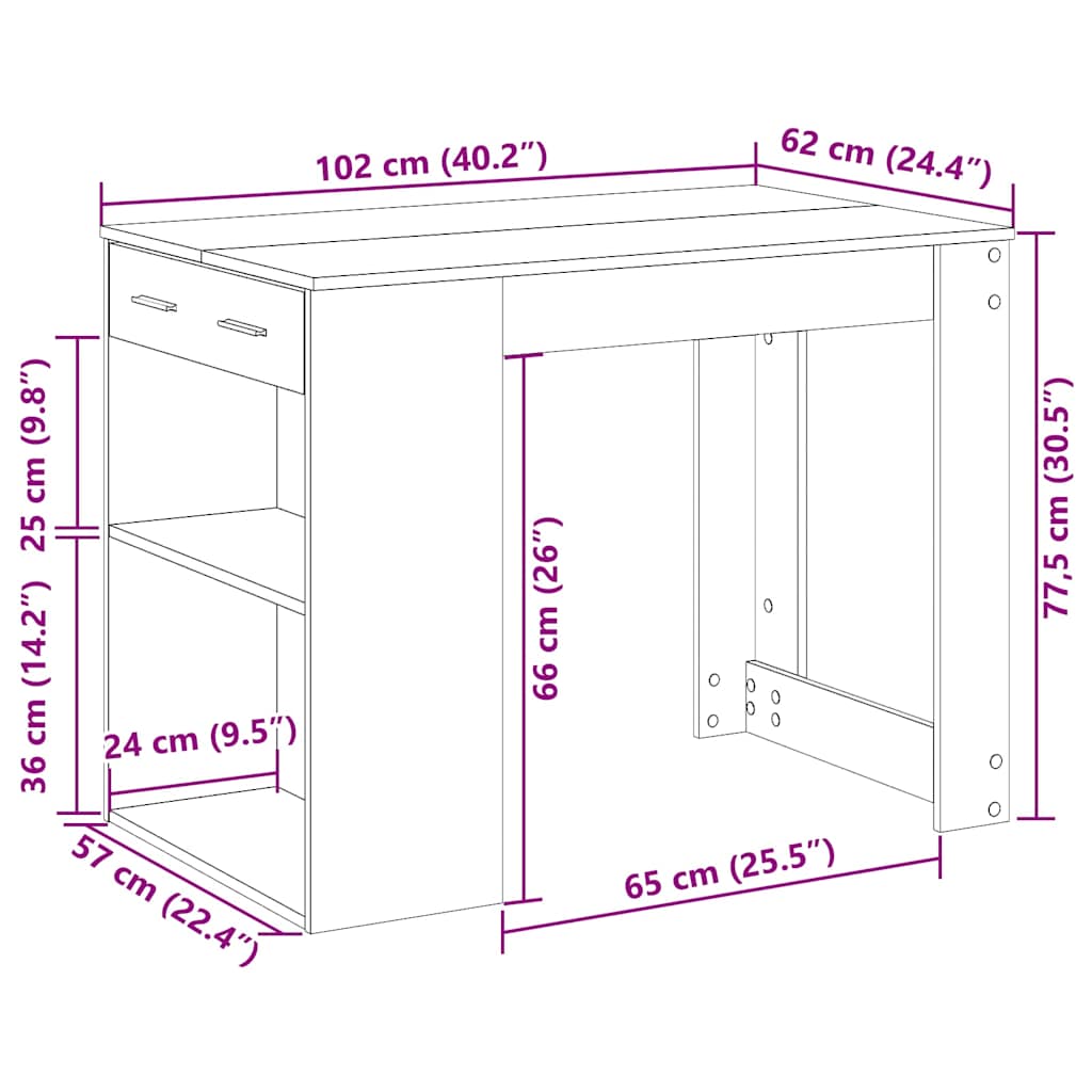 Skrivebord med skuff og hylle 102x62x77,5 cm konstruert tre