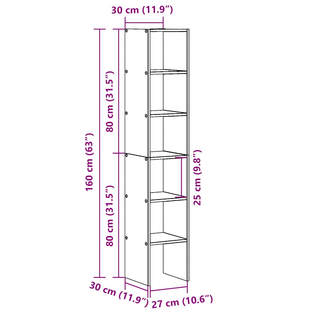 Bokhyller 2 stk stablebar røkt eik 30x30x80 cm konstruert tre