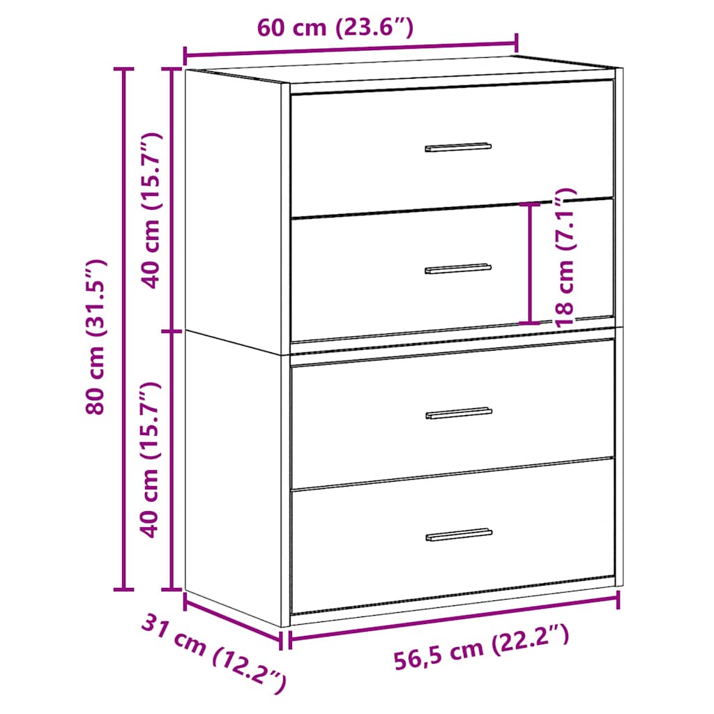 Skap med 4 skuffer 2 stk sonoma eik 60x31x40 cm konstruert tre