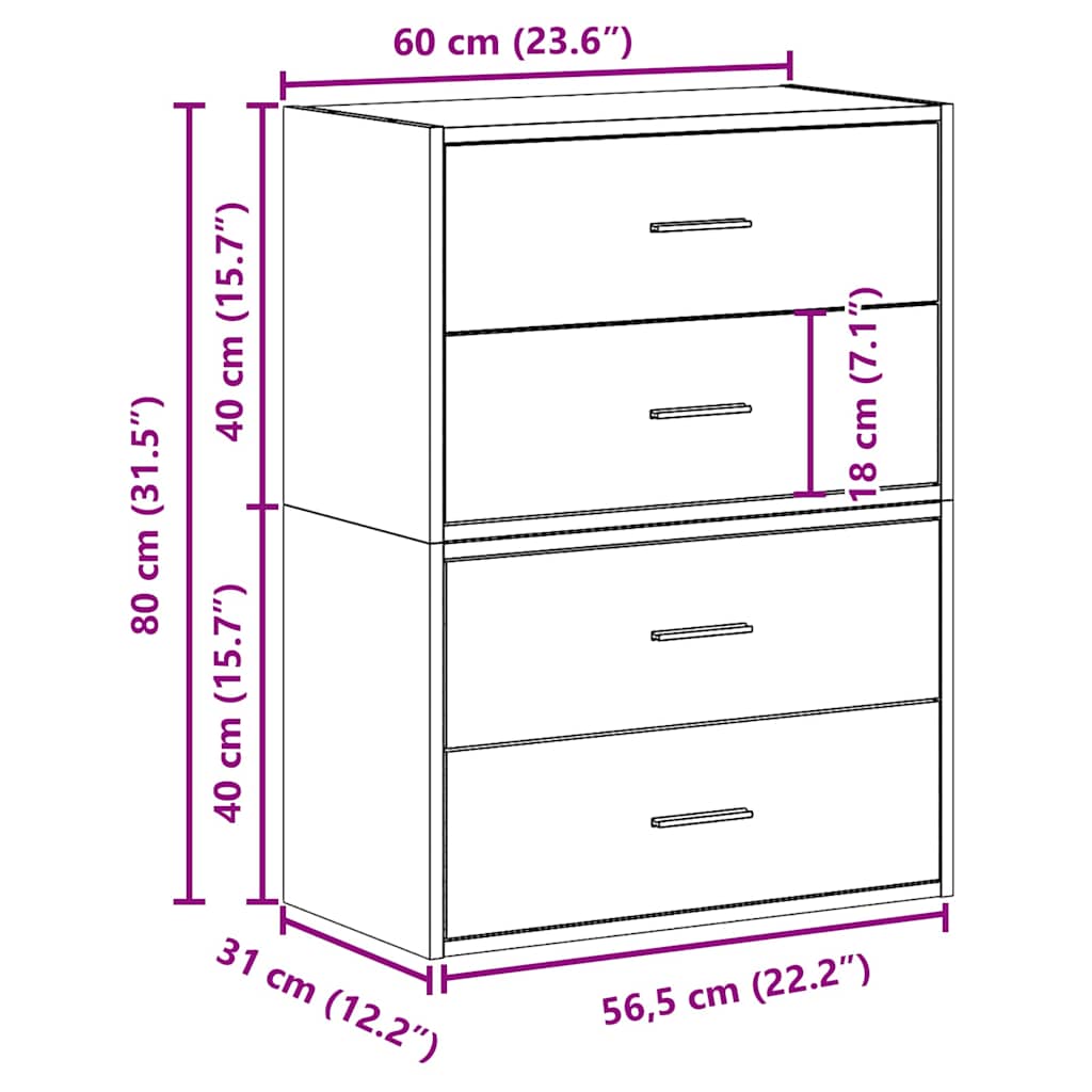 Skap med 2 skuffer 2 stk grå eik 60x31x40 cm konstruert tre