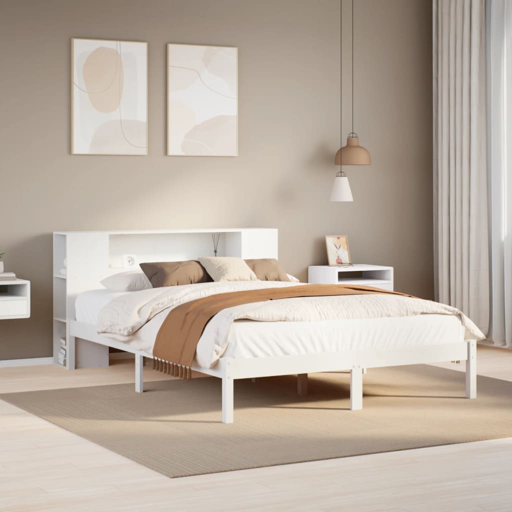 Seng med bokhylle uten madrass hvit 135x190 cm heltre furu