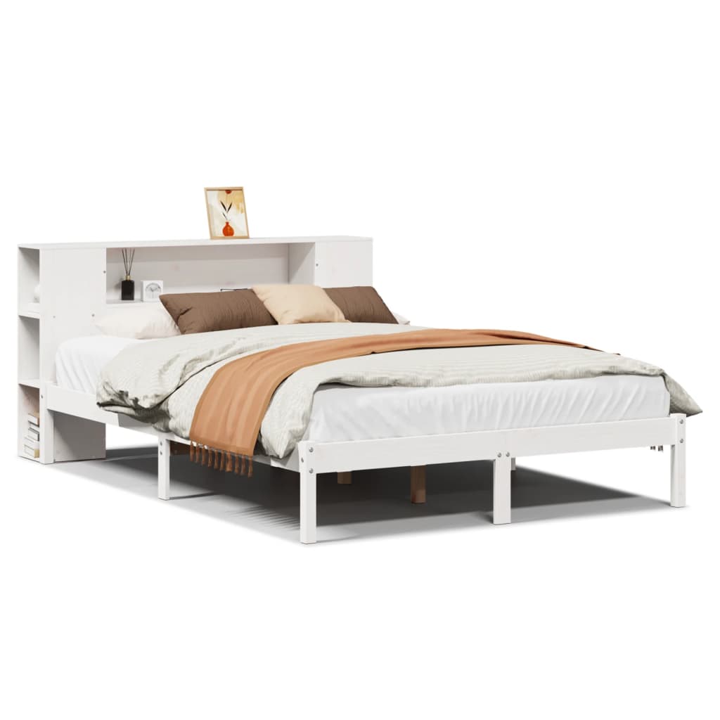 Seng med bokhylle uten madrass hvit 140x190 cm heltre furu