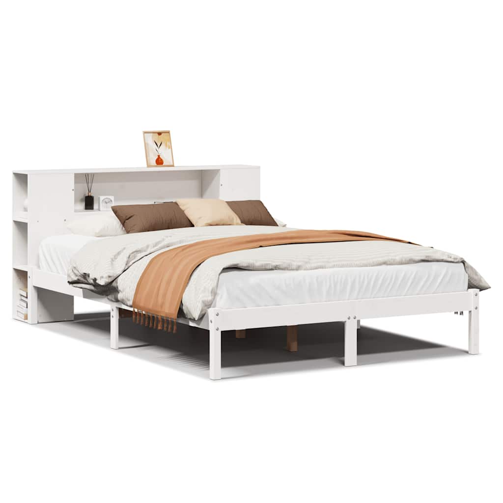 Seng med bokhylle uten madrass hvit 140x200 cm heltre furu