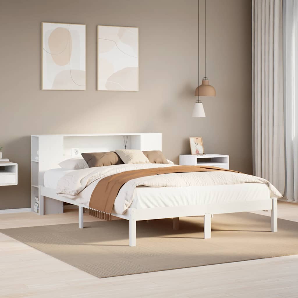 Seng med bokhylle uten madrass hvit 140x200 cm heltre furu