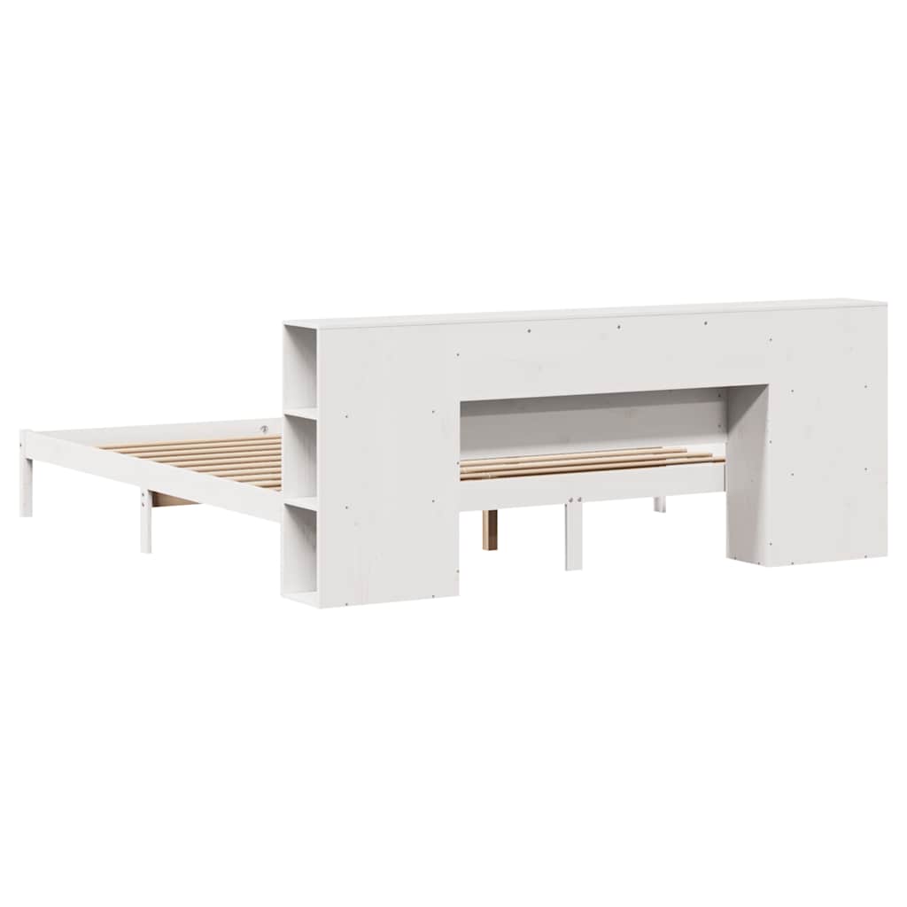 Seng med bokhylle uten madrass hvit 200x200 cm heltre furu