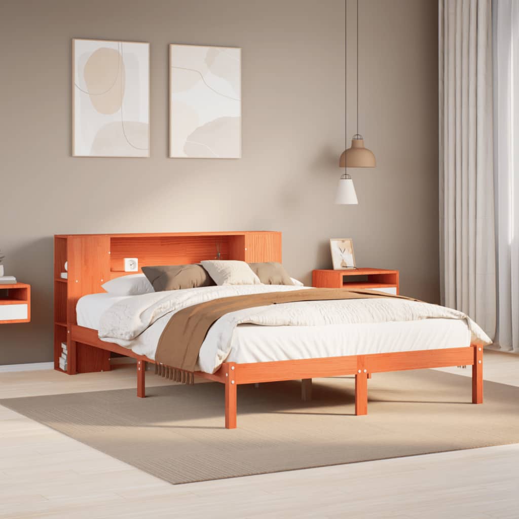 Seng med bokhylle uten madrass voksbrun 135x190 cm heltre furu