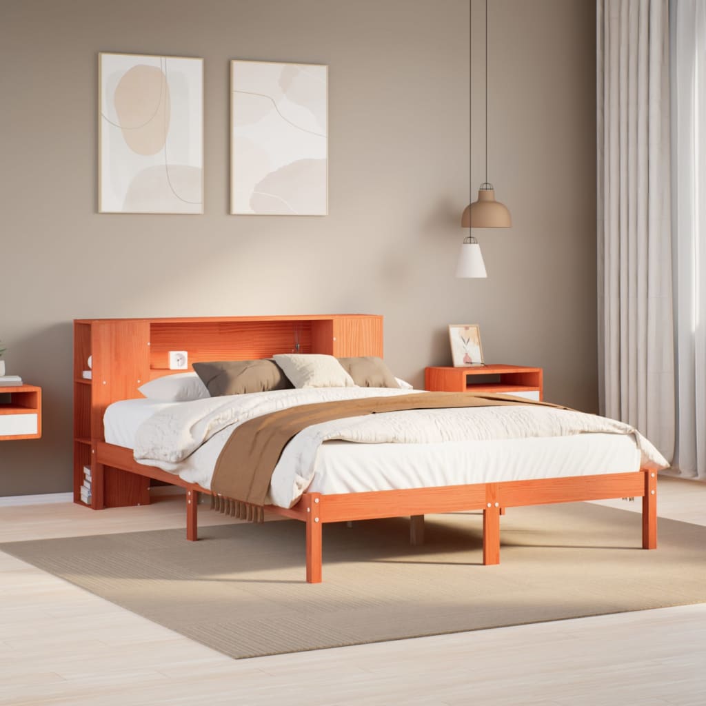Seng med bokhylle uten madrass voksbrun 140x190 cm heltre furu
