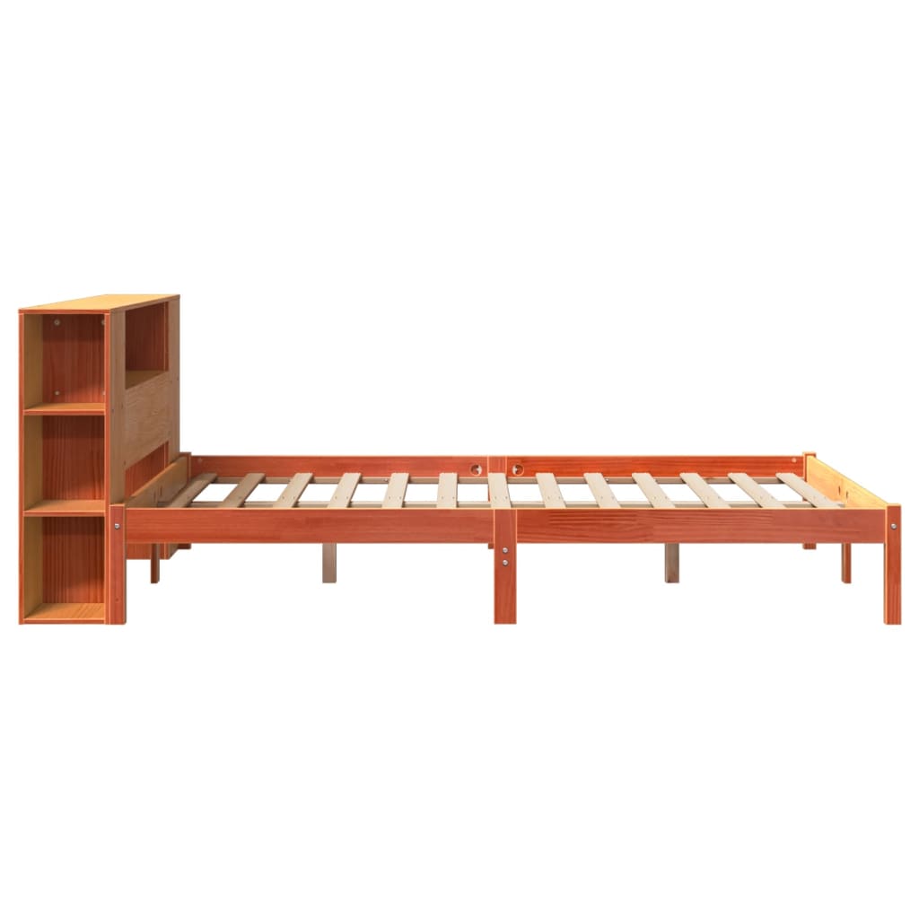 Seng med bokhylle uten madrass voksbrun 140x200 cm heltre furu