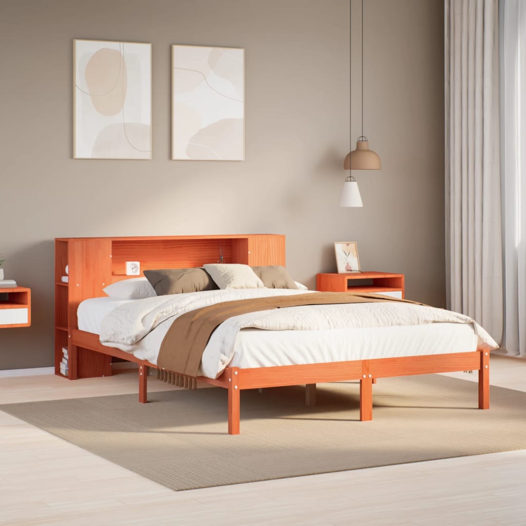Seng med bokhylle uten madrass voksbrun 150x200 cm heltre furu