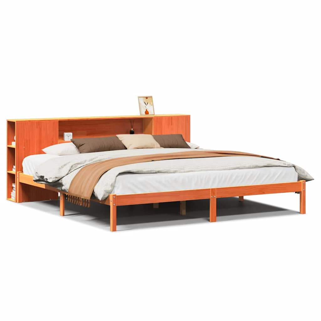 Seng med bokhylle uten madrass voksbrun 200x200 cm heltre furu