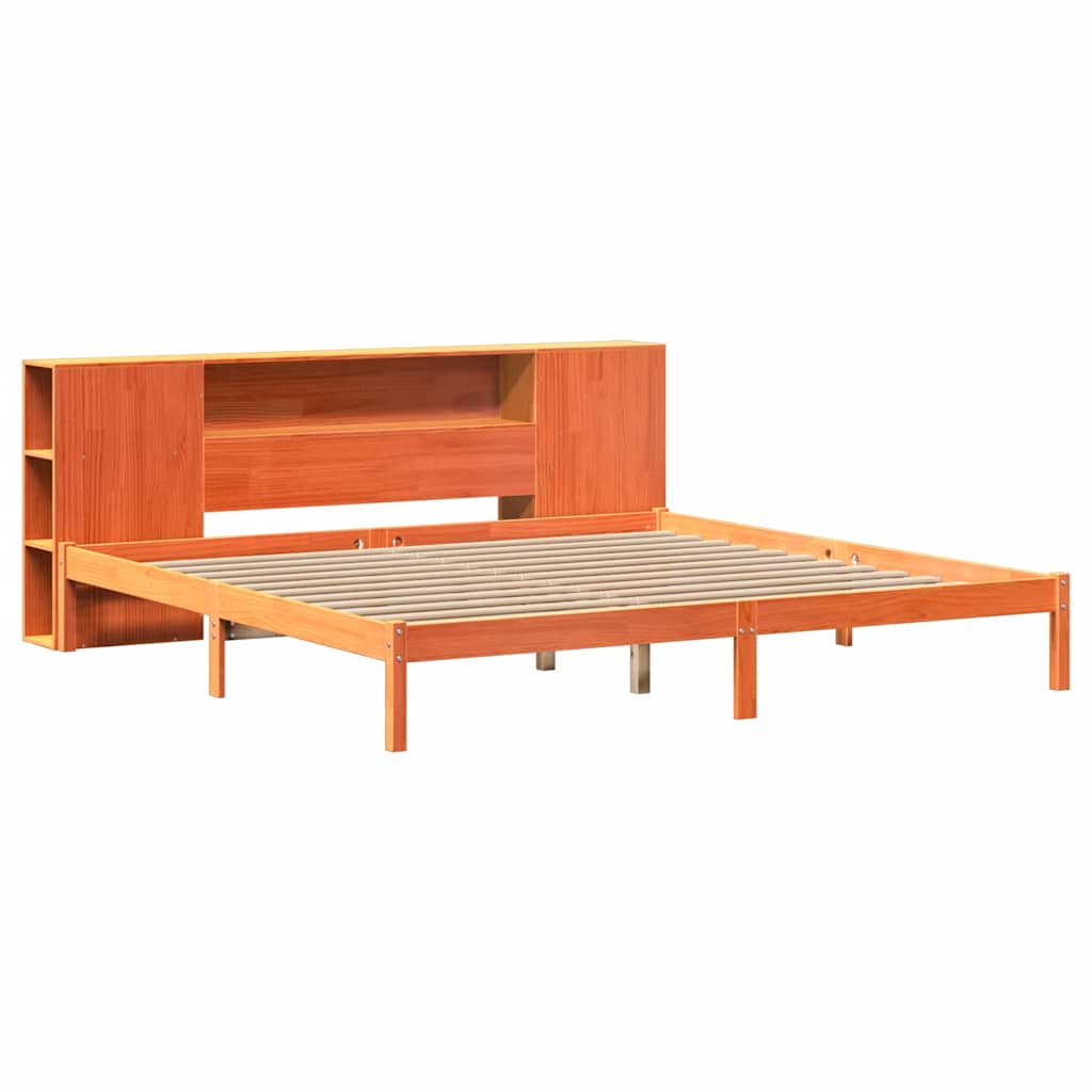 Seng med bokhylle uten madrass voksbrun 200x200 cm heltre furu