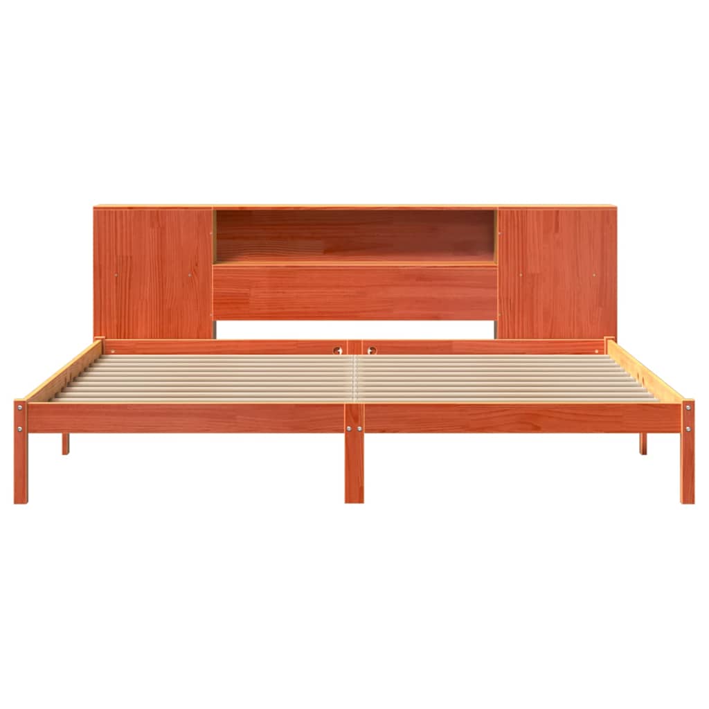 Seng med bokhylle uten madrass voksbrun 200x200 cm heltre furu