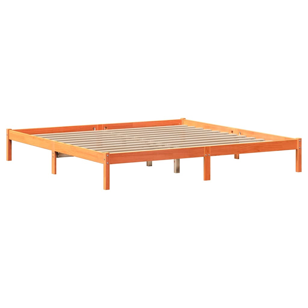 Seng med bokhylle uten madrass voksbrun 200x200 cm heltre furu
