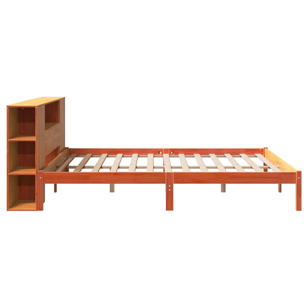 Seng med bokhylle uten madrass voksbrun 200x200 cm heltre furu