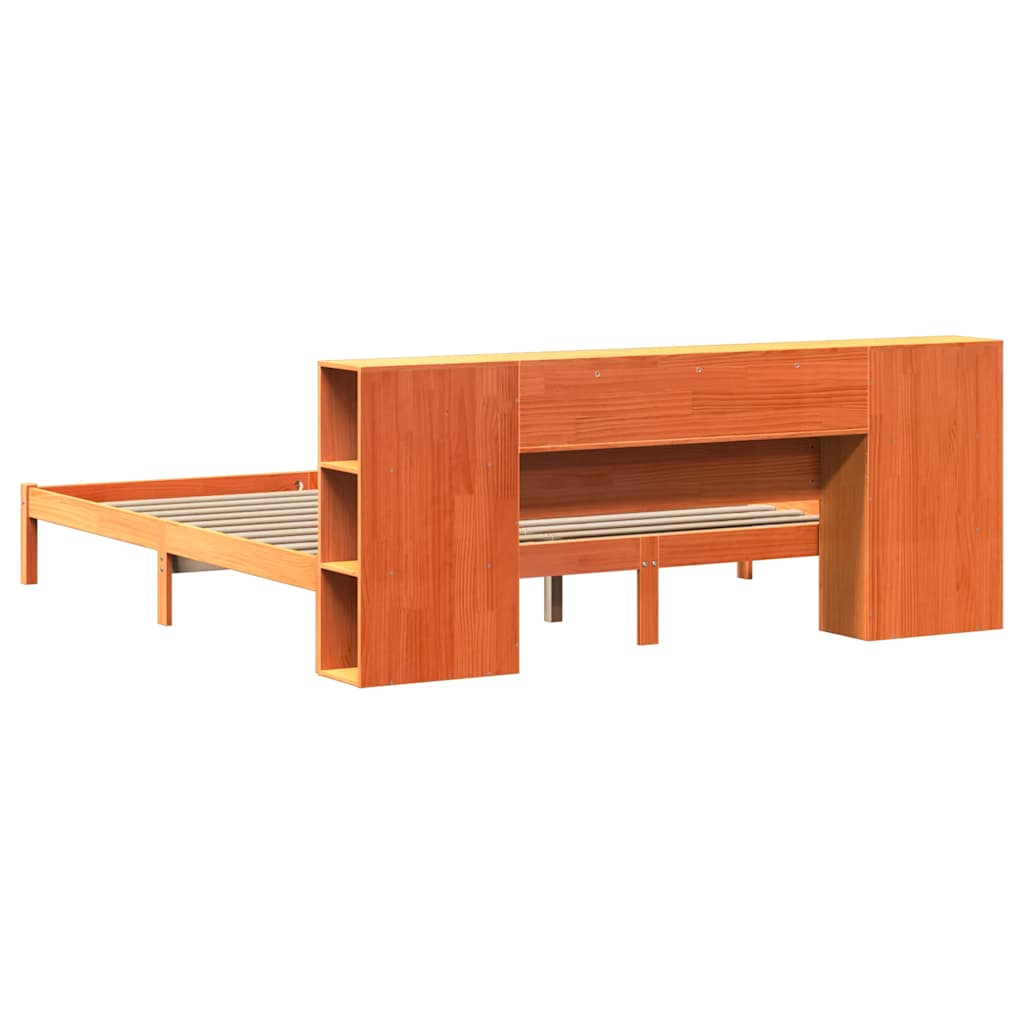 Seng med bokhylle uten madrass voksbrun 200x200 cm heltre furu