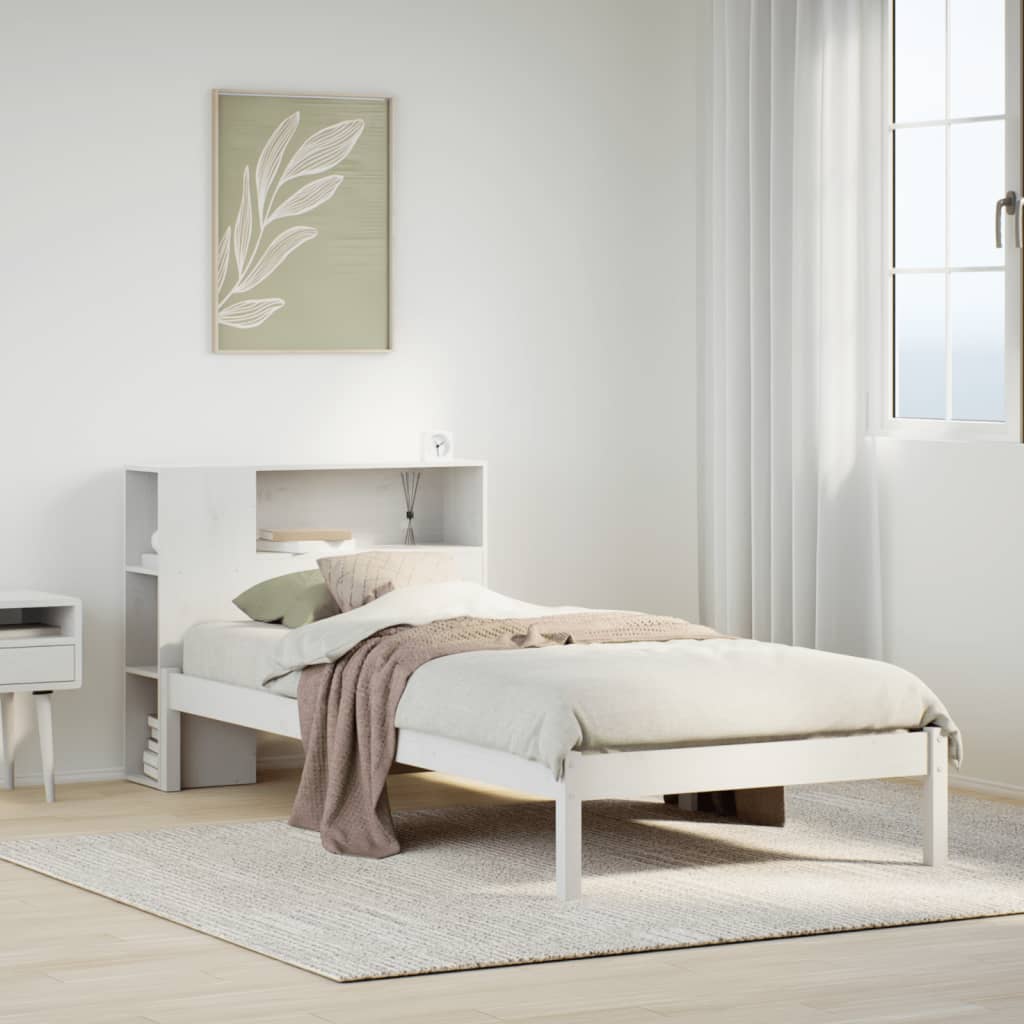 Seng med bokhylle uten madrass hvit 75x190 cm heltre furu