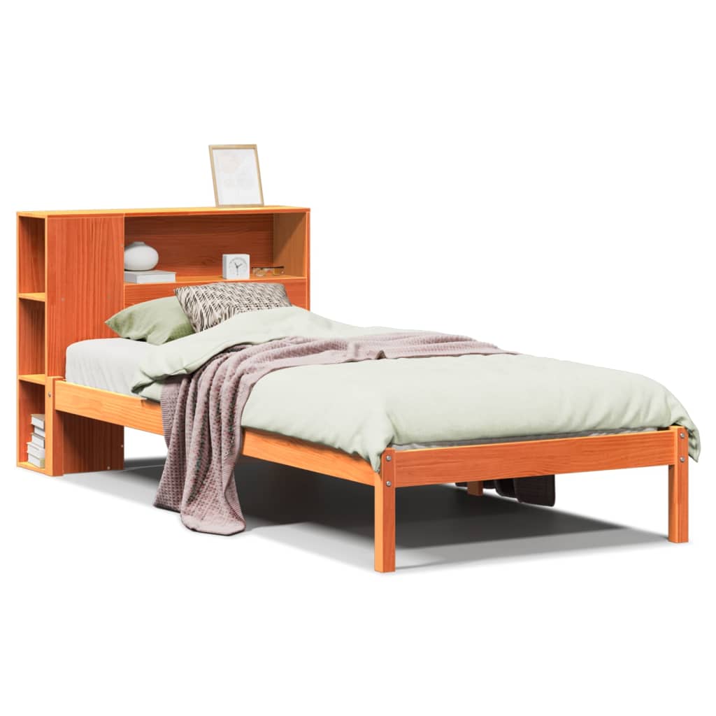 Seng med bokhylle uten madrass voksbrun 100x200 cm heltre furu