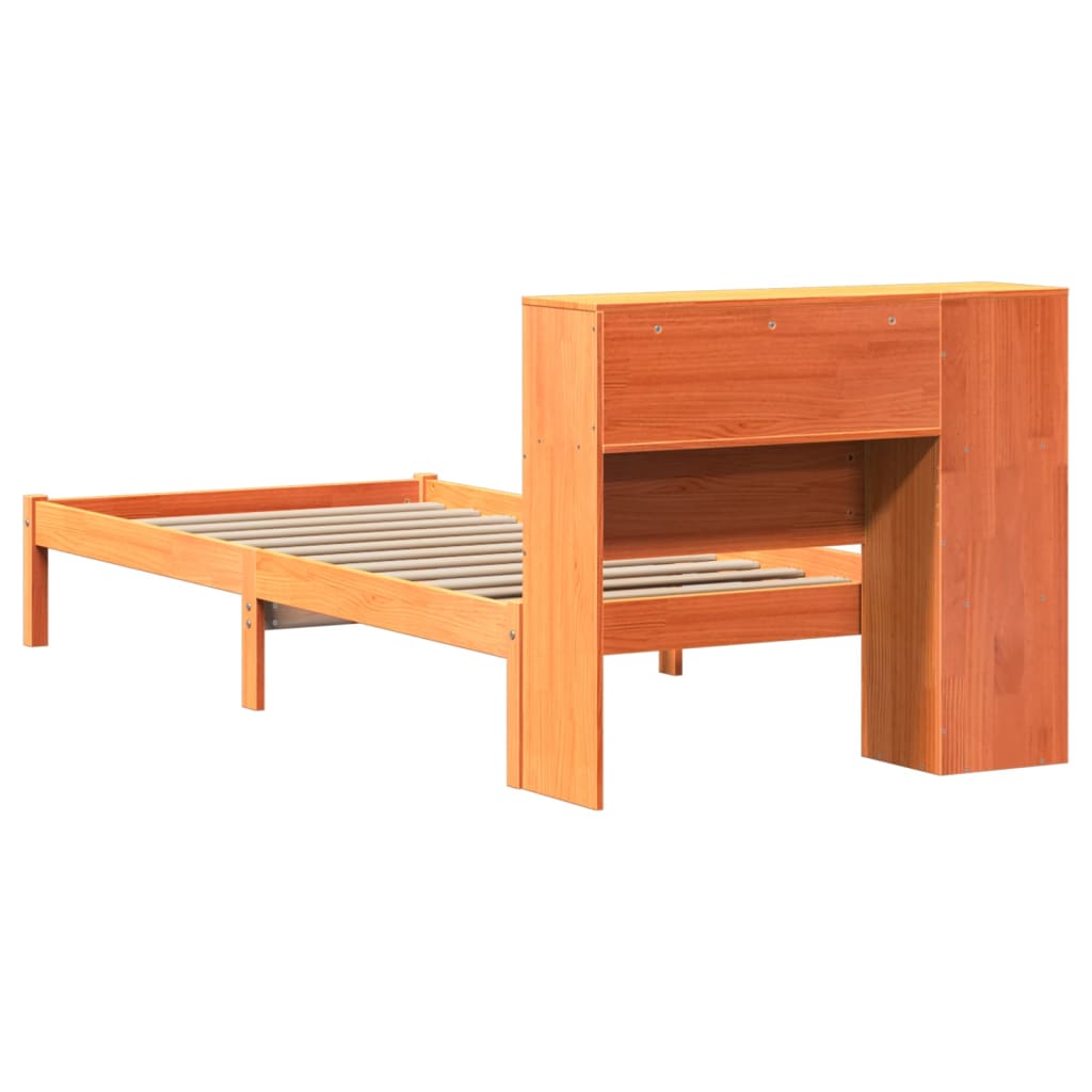 Seng med bokhylle uten madrass voksbrun 100x200 cm heltre furu