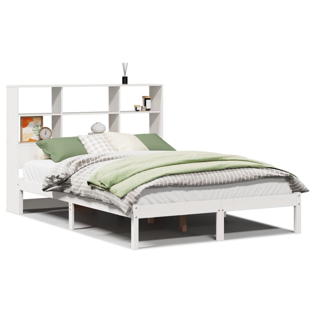 Seng med bokhylle uten madrass hvit 140x190 cm heltre furu