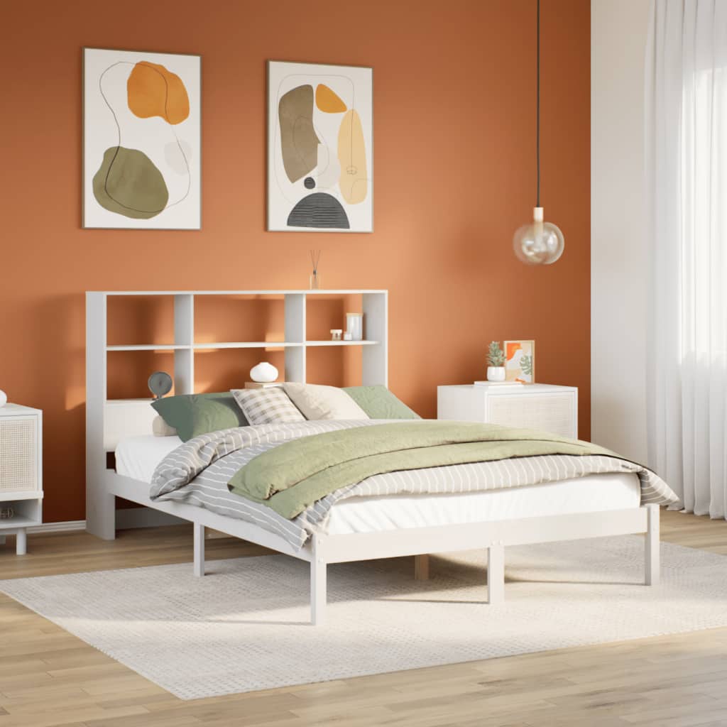 Seng med bokhylle uten madrass hvit 140x190 cm heltre furu