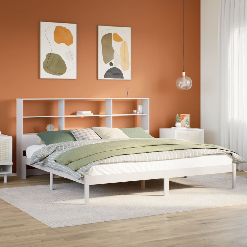 Seng med bokhylle uten madrass hvit 180x200 cm heltre furu