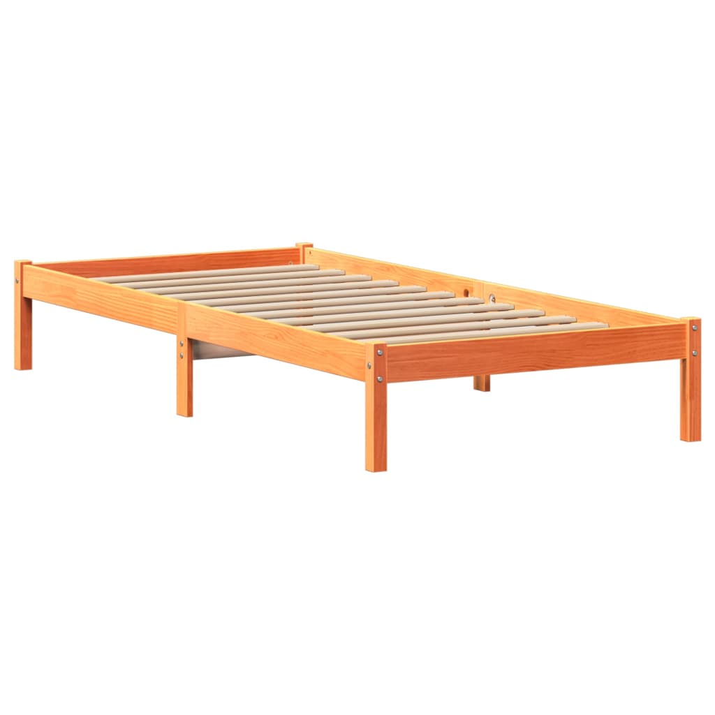 Seng med bokhylle uten madrass voksbrun 75x190 cm heltre furu