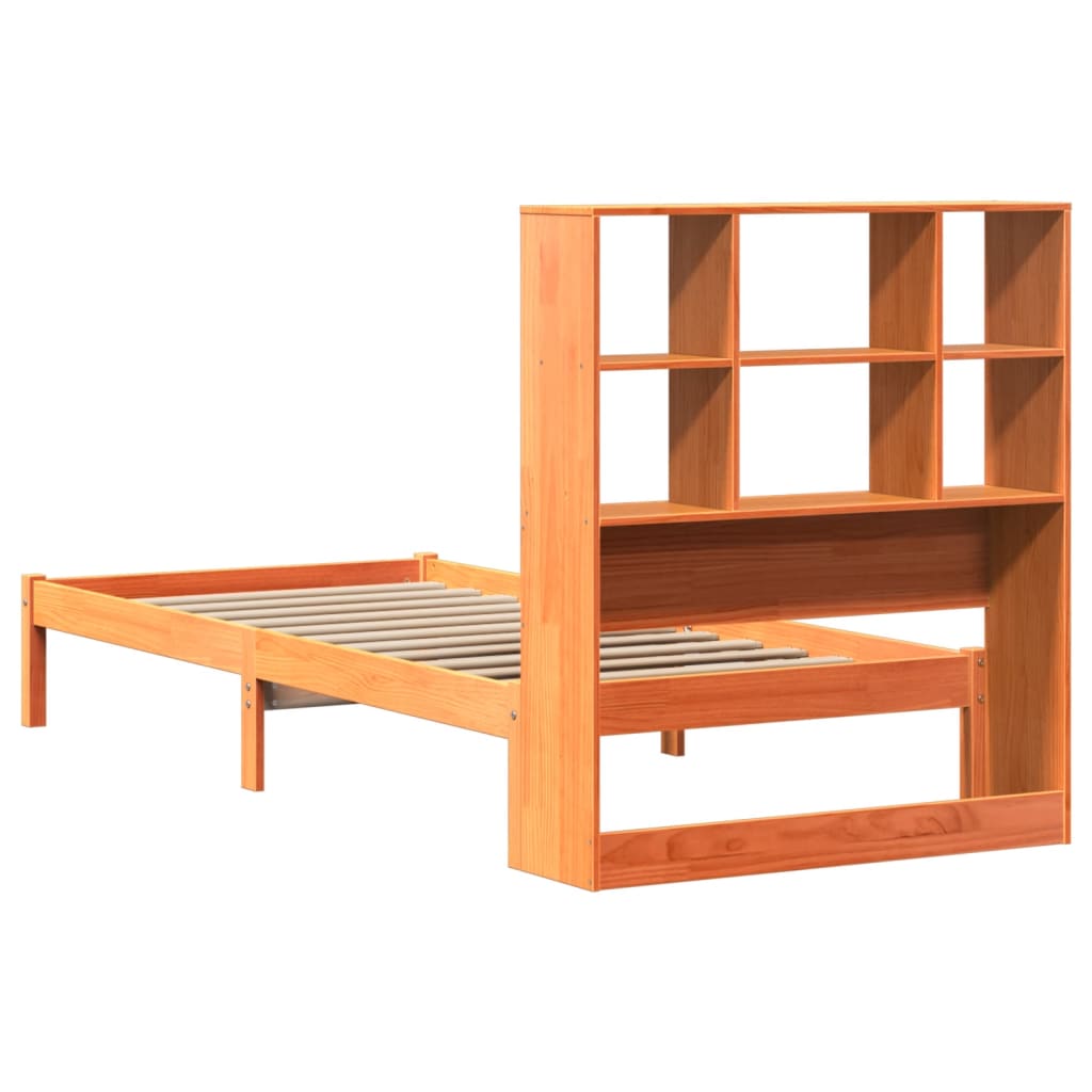 Seng med bokhylle uten madrass voksbrun 75x190 cm heltre furu