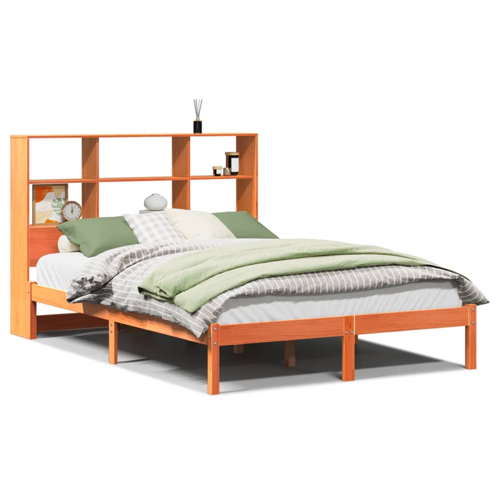 Seng med bokhylle uten madrass voksbrun 135x190 cm heltre furu