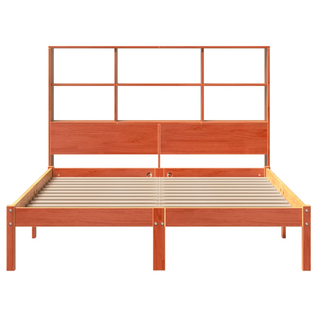 Seng med bokhylle uten madrass voksbrun 135x190 cm heltre furu