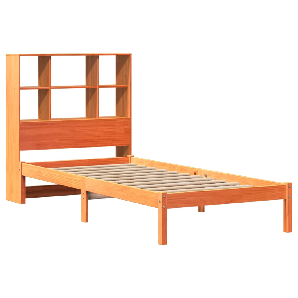 Seng med bokhylle uten madrass voksbrun 100x200 cm heltre furu