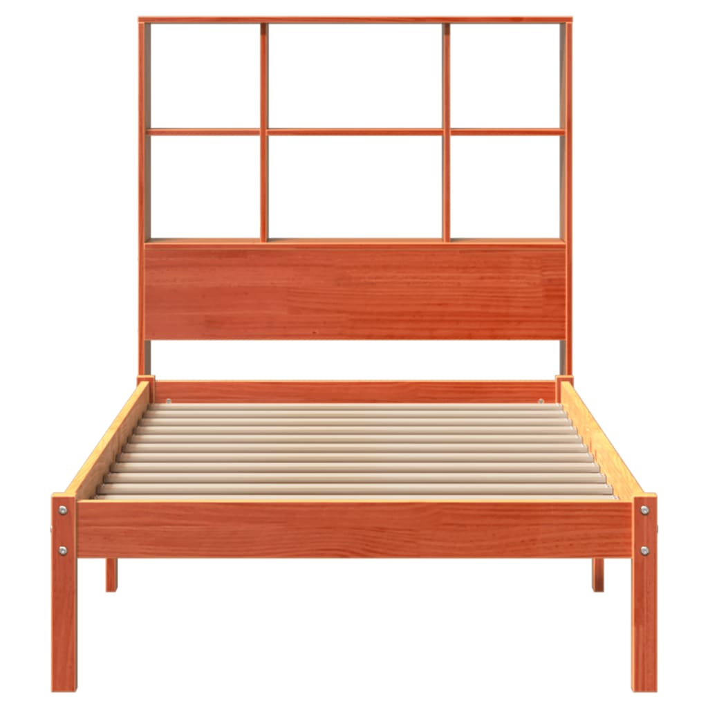 Seng med bokhylle uten madrass voksbrun 100x200 cm heltre furu