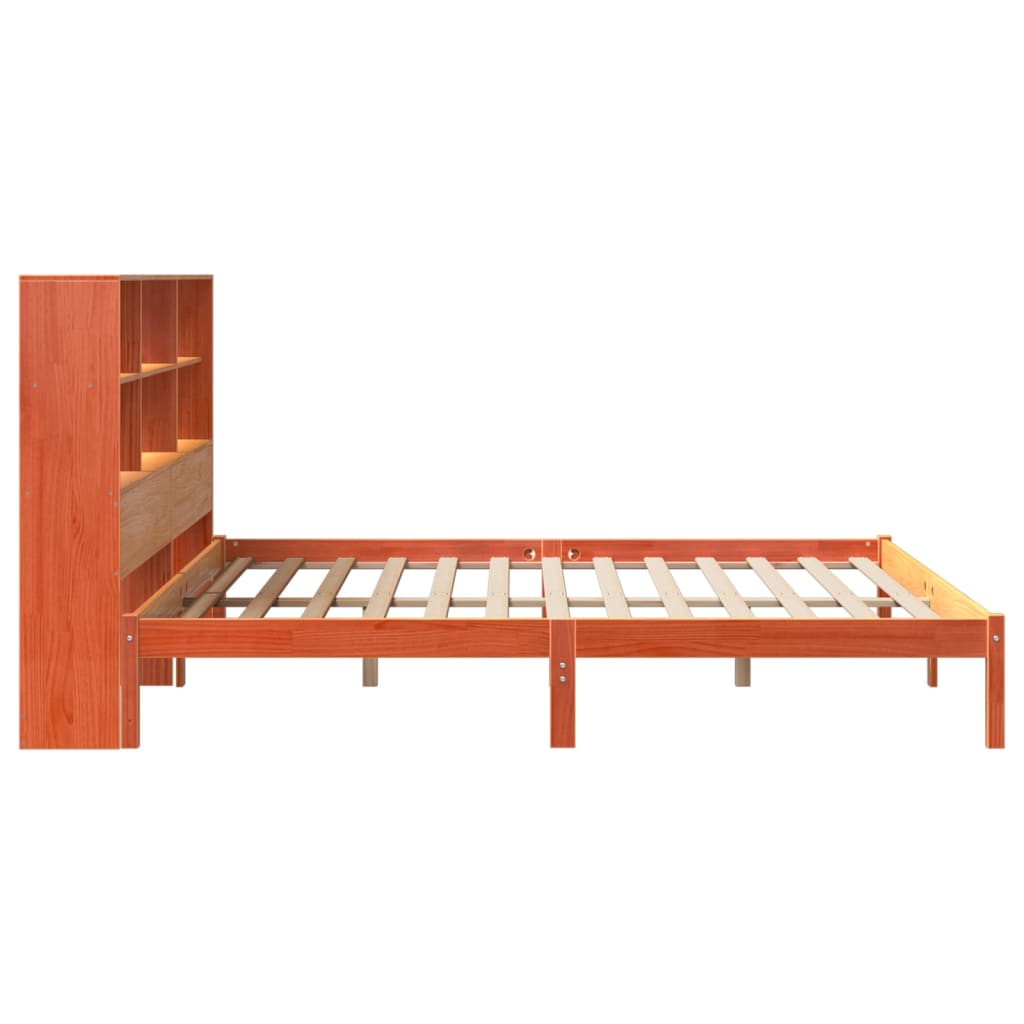Seng med bokhylle uten madrass voksbrun 200x200 cm heltre furu