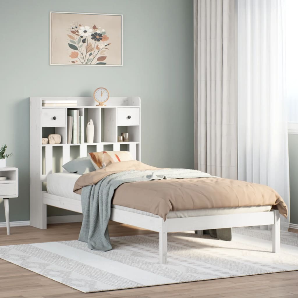 Seng med bokhylle uten madrass hvit 75x190 cm heltre furu
