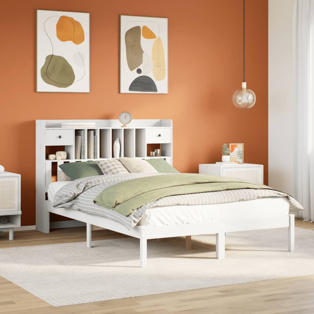 Seng med bokhylle uten madrass hvit 140x190 cm heltre furu