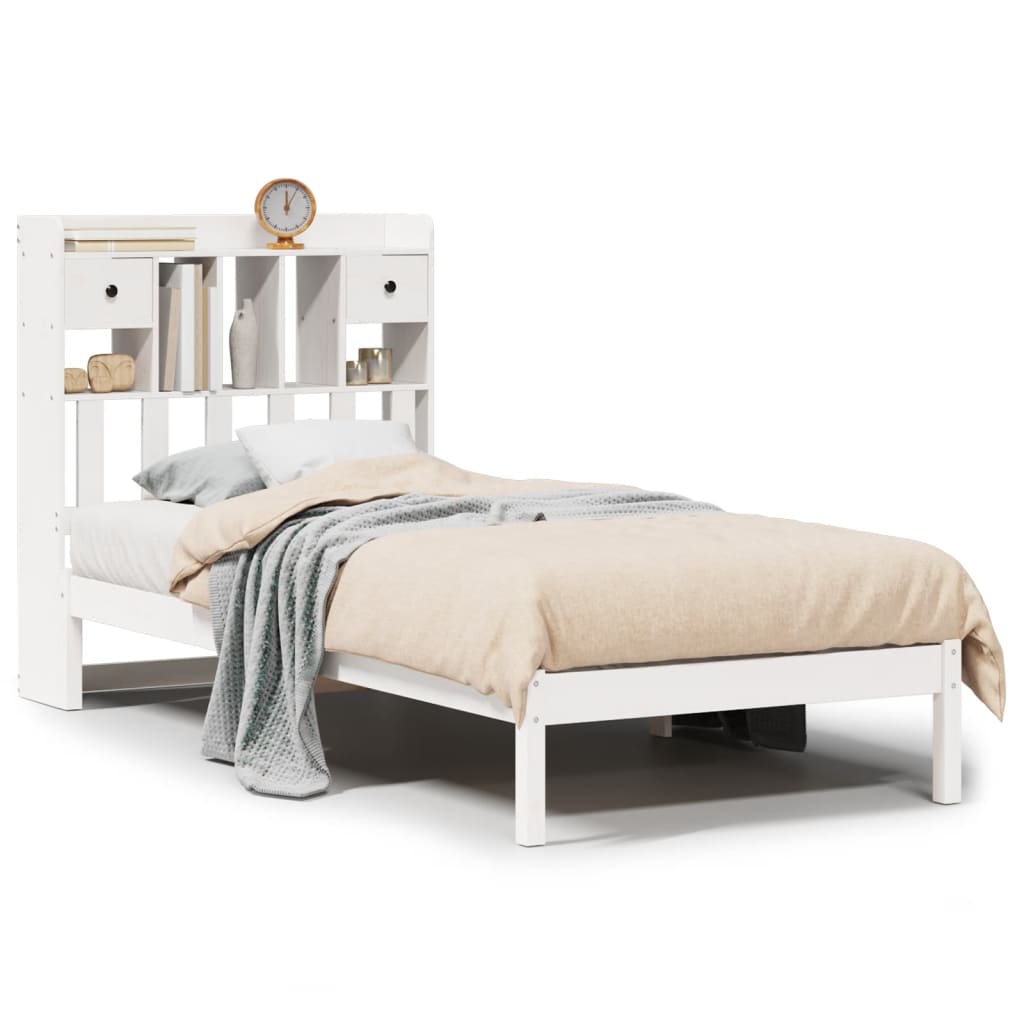 Seng med bokhylle uten madrass hvit 90x200 cm heltre furu