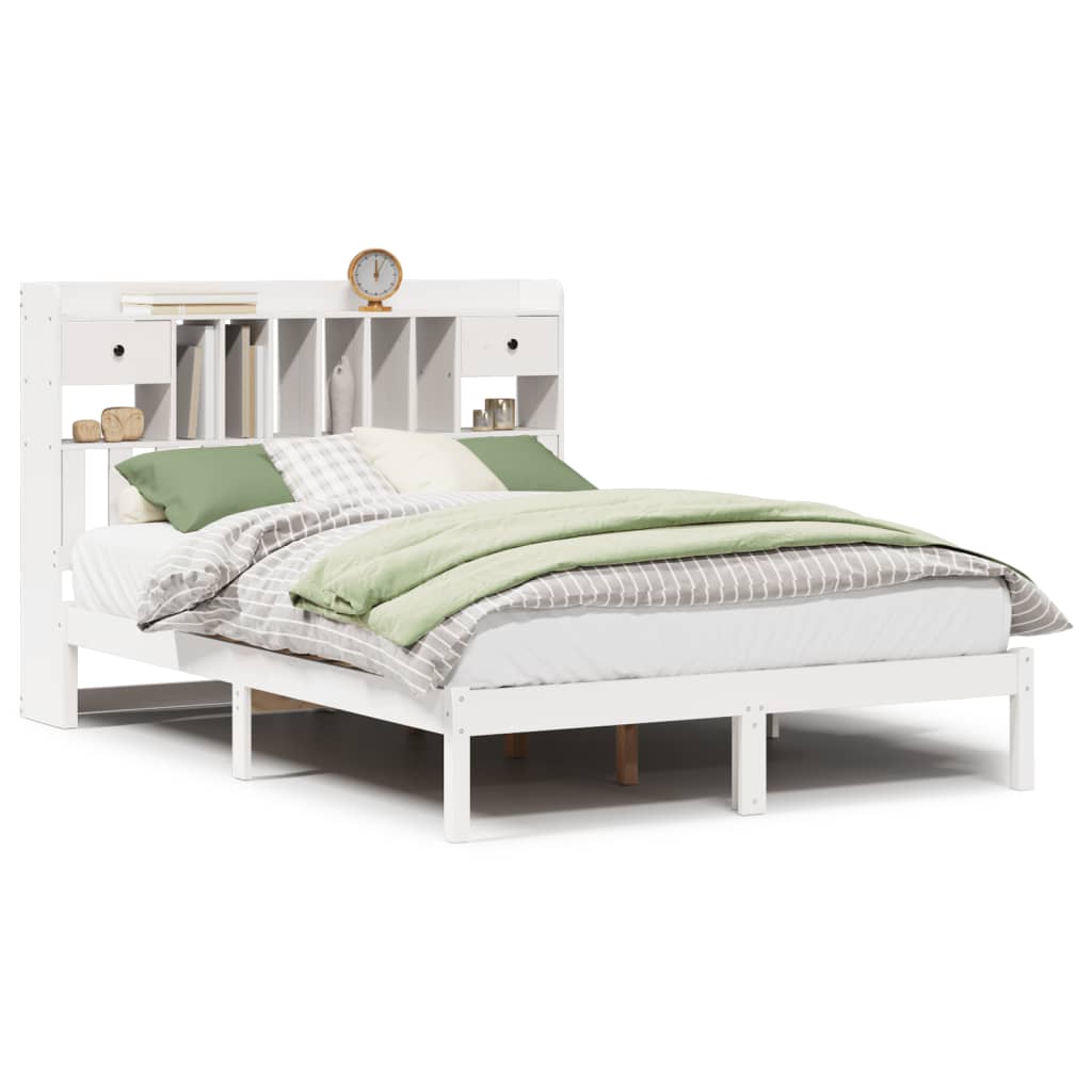 Seng med bokhylle uten madrass hvit 140x200 cm heltre furu