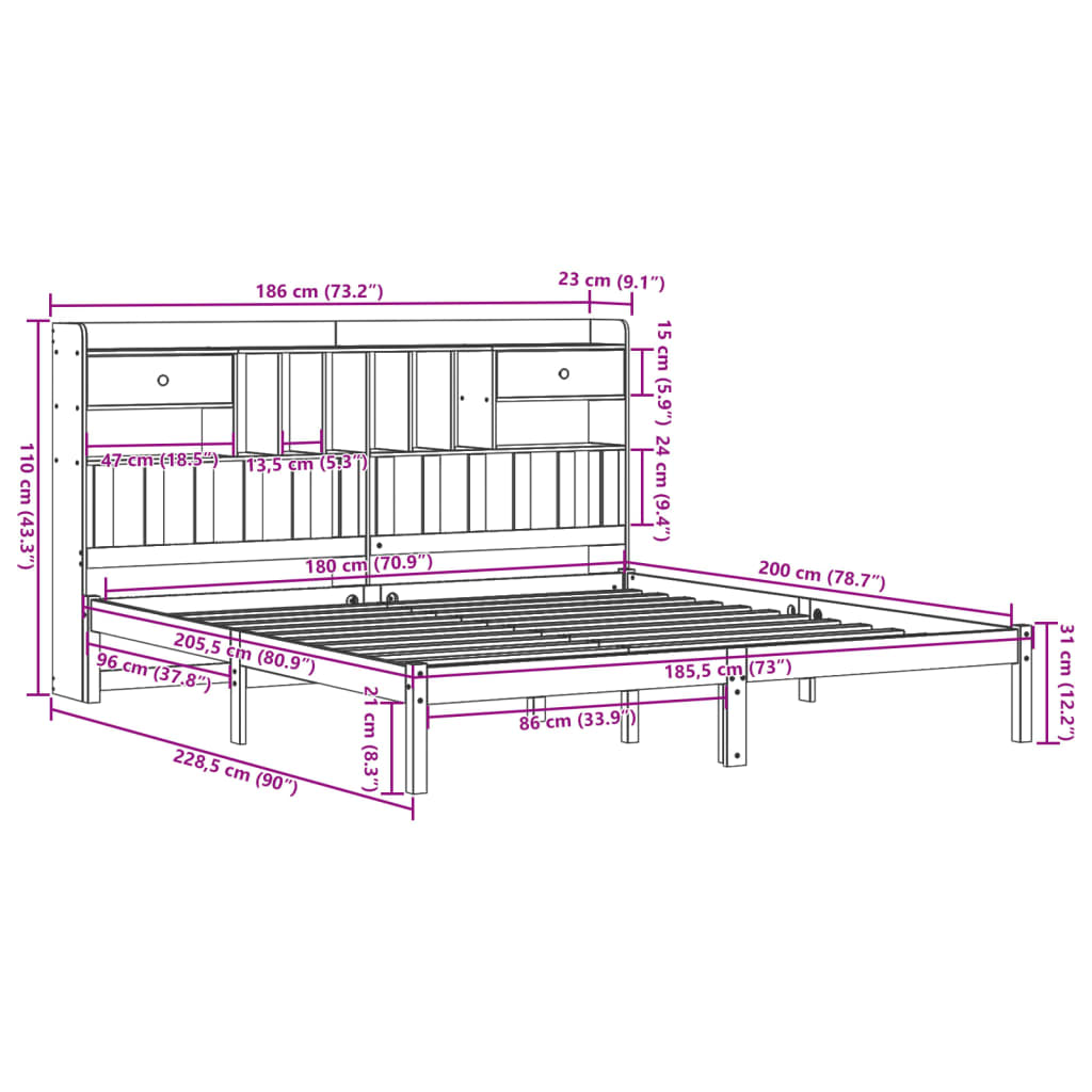 Seng med bokhylle uten madrass 180x200 cm heltre furu
