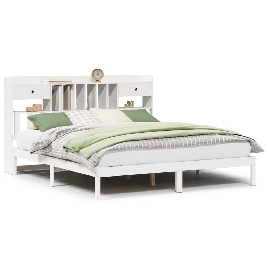 Seng med bokhylle uten madrass hvit 180x200 cm heltre furu