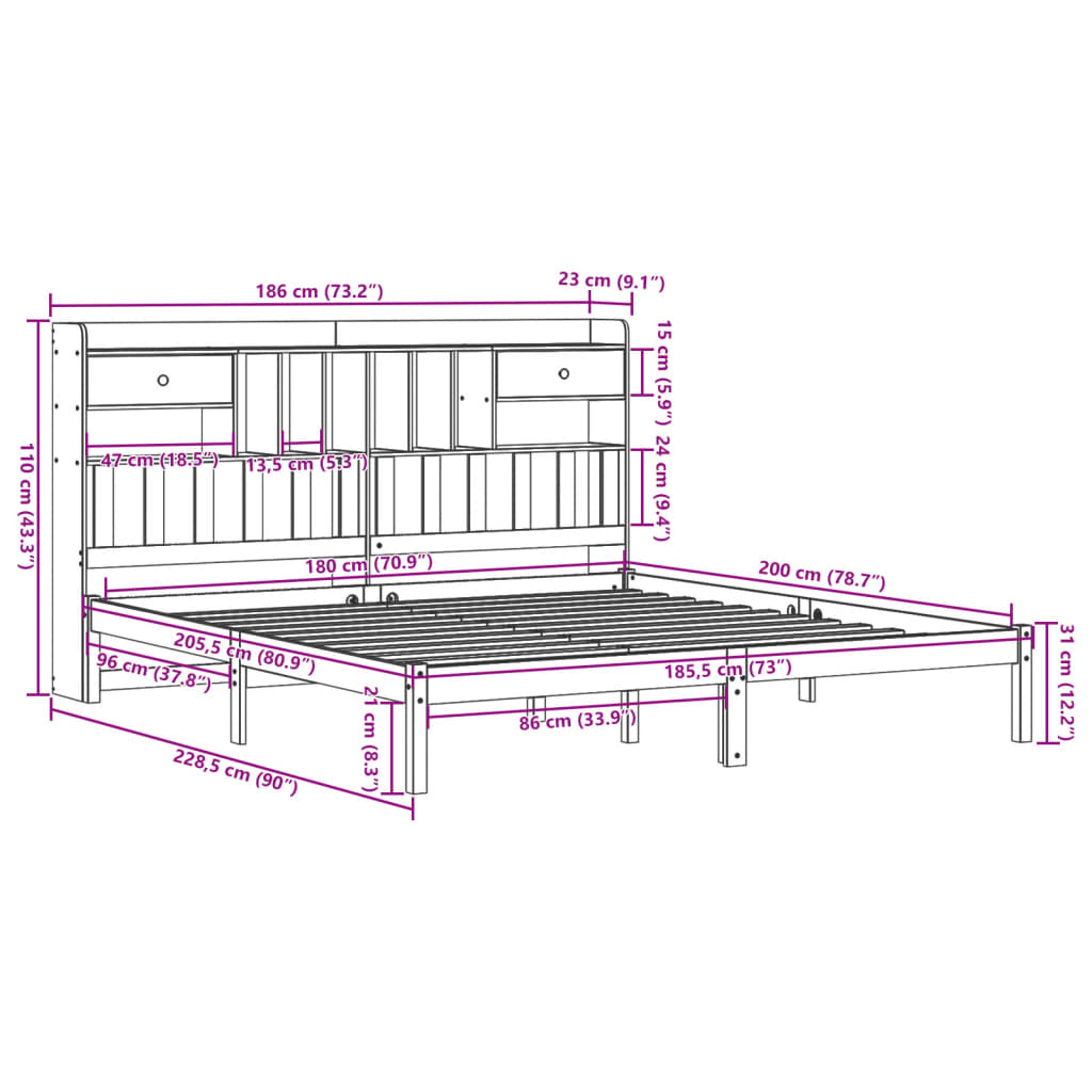 Seng med bokhylle uten madrass hvit 180x200 cm heltre furu