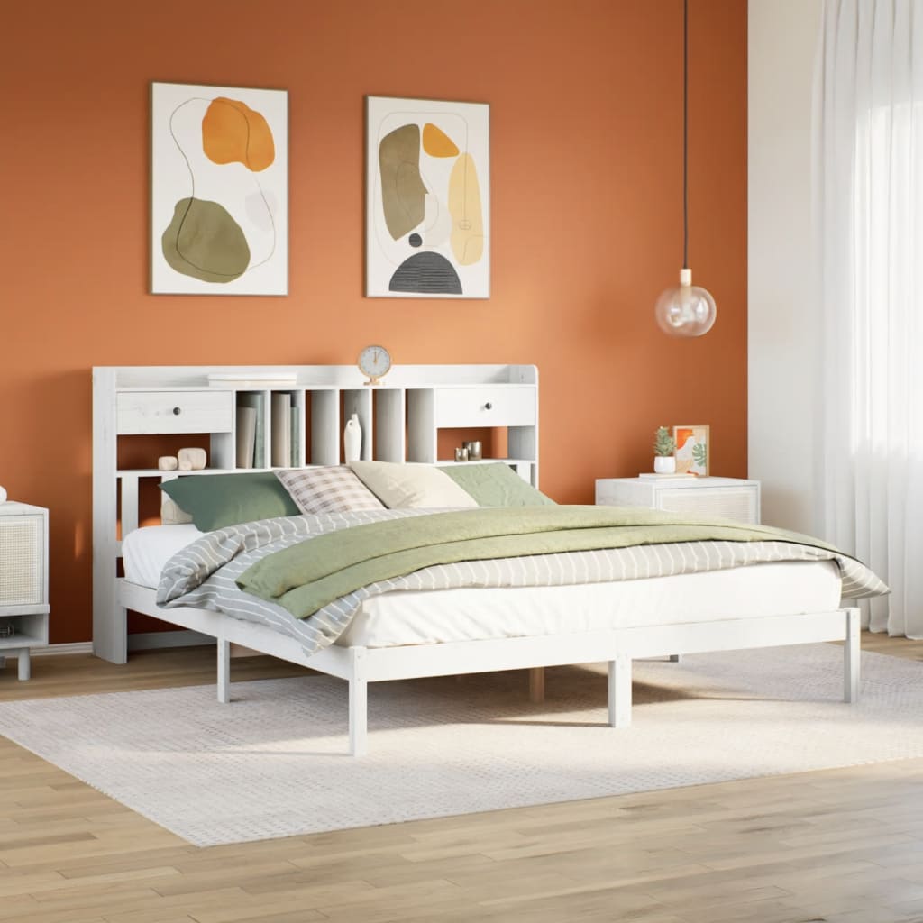 Seng med bokhylle uten madrass hvit 180x200 cm heltre furu