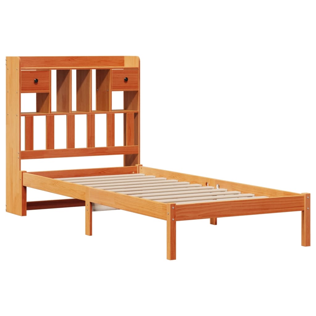 Seng med bokhylle uten madrass voksbrun 75x190 cm heltre furu