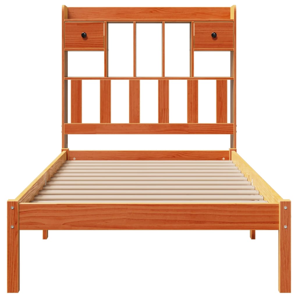 Seng med bokhylle uten madrass voksbrun 75x190 cm heltre furu