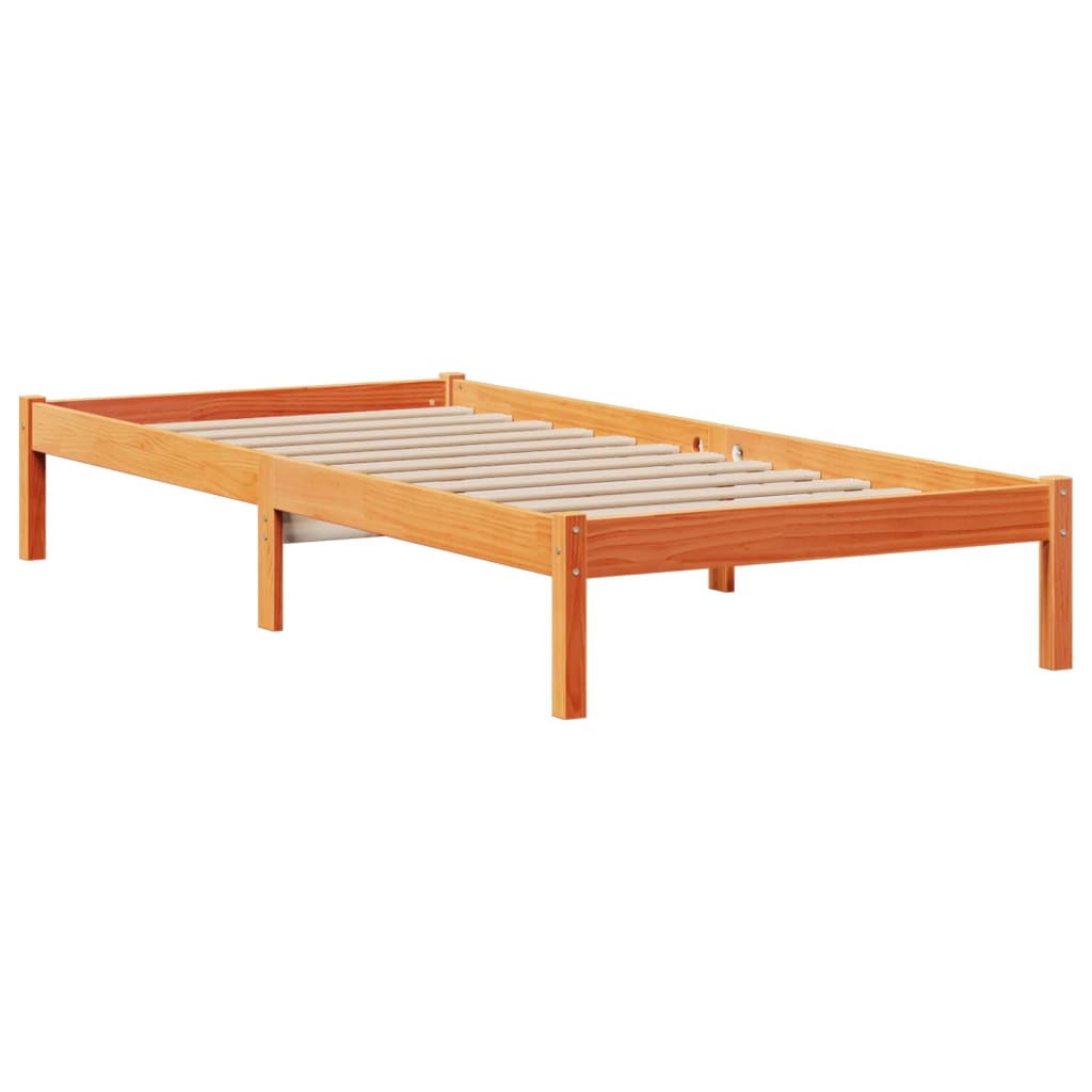 Seng med bokhylle uten madrass voksbrun 75x190 cm heltre furu