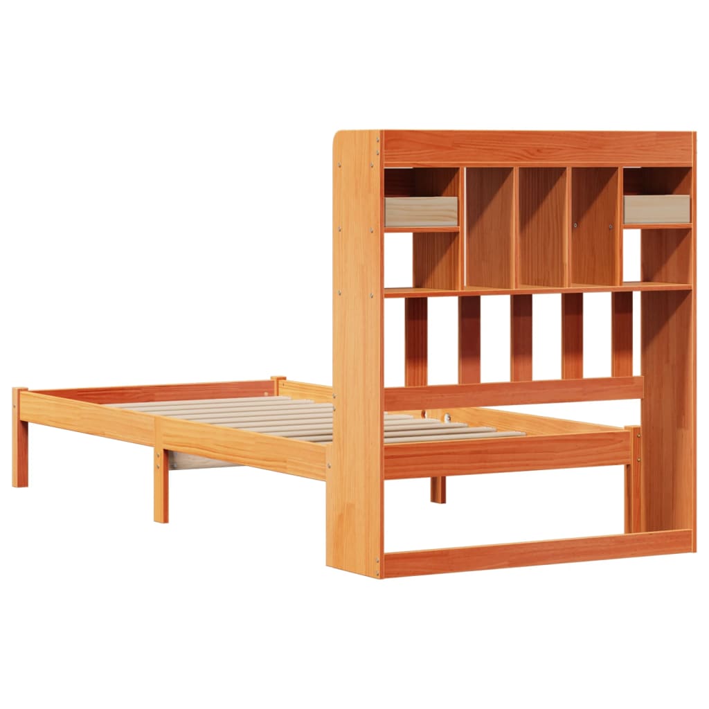 Seng med bokhylle uten madrass voksbrun 75x190 cm heltre furu