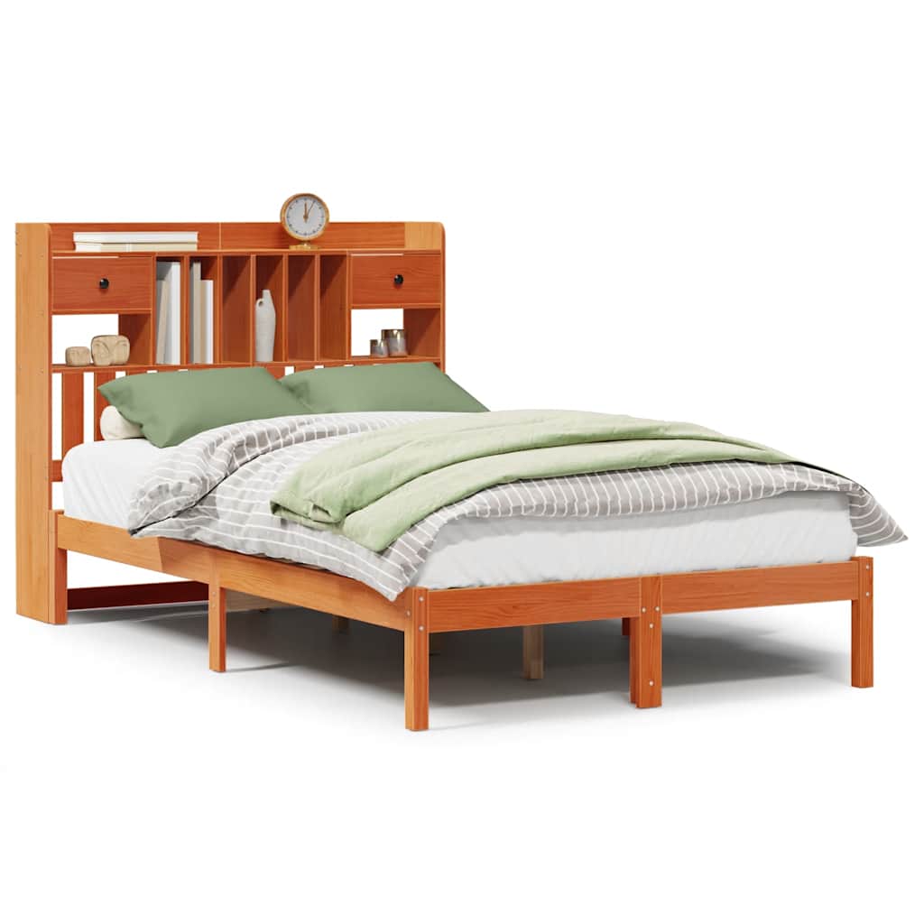 Seng med bokhylle uten madrass voksbrun 135x190 cm heltre furu